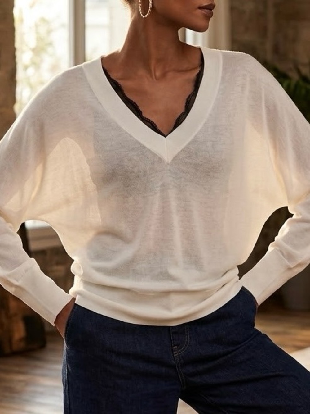 NEW Size L INC International White Relaxed Semi Sheer V-Neck Long Sleeve Sweater